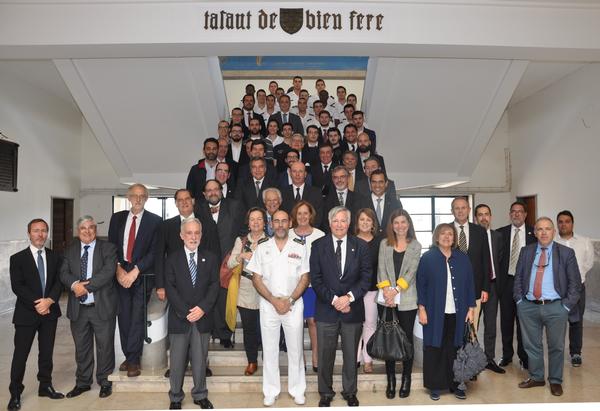 Rear Adm. Mario Simoes Marques, commander of the Portuguese Naval Academy (c), gathers with the participants of the May student clubs meeting, including Rear Adm. Carlos Rodolfo, PRT N (Ret.), AFCEA regional vice president, Atlantic region (r of c), and Rear Adm. Mario Durao, PRT N (Ret.), chapter president (l of c).