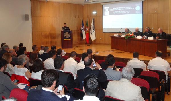 Tiago Sanches, president of the Covilha Student Chapter, addresses the audience at the May event at University of Beira Interior, Covilha, Portugal, during the opening session with the following table members (l-r): Silvio Mariano, president of the faculty of engineering; Antonio Fidalgo, university's rector; Rear Adm. Carlos Rodolfo, PRT N (Ret.), regional vice president, Atlantic Region; and Rear Adm. Mario Durao, PRT N (Ret.), chapter president.