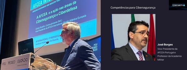 Rear Adm. Carlos Rodolfo, PRT N (Ret.), regional vice president of the Atlantic Region (l), and Jose Borges, chapter vice president, participate in the IV International Cybersecurity Conference held at the Polytechnic Institute of Guarda in May.