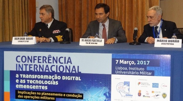 Speaking at the March conference's opening session are (l-r) Vice Adm. Edgar Ribeiro, PRT NA, Military University Institute commander; Secretary of State of National Defense Dr. Marcos Perestrello; and Rear Adm. Mario C. Durao, PRT NA (Ret.), chapter president.