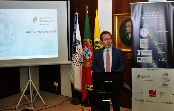 Cmdr. Luis Arsenio, PRT N, head of research and development for the General Directorate for Resources at the Portuguese Ministry of Defense, delivers the keynote address at the June meeting of student chapters in Lisbon, Portugal.