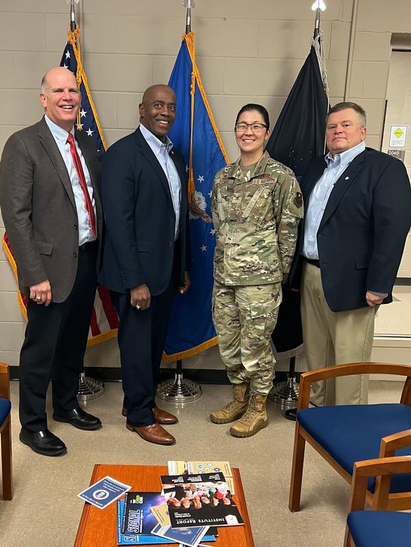At the January event, (l-r) Ken Hirlinger, regional vice president; Col. Michael B. Black, USAF (Ret.), vice president, Defense, AFCEA International; Col. Nichole Scott, USAF, commander, Air Force ROTC, Virginia Military Institute; and Jeff Thompson, chapter president, pause for a photo.
