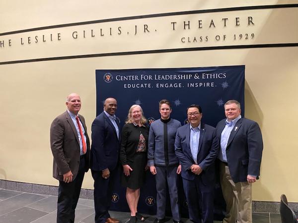 Posing for a photo during the January event are (l-r) Hirlinger; Col. Black; Mattie Smith, chapter executive vice president; Cadet Bartman; Chin; and Thompson. Bringing together members of government, industry and academia at this event and others like it help to further AFCEA's mission.