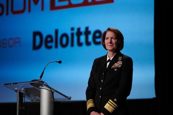 Nancy Norton, vice admiral, USN, director, Defense Information Systems Agency (DISA)/commander, Joint Force Headquarters-Department of Defense Information Network (JFHQ-DODIN) delivers the luncheon keynote speech at the February event.