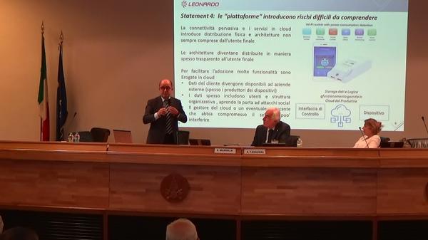 Addressing attendees at the seminar in September are (l-r) Dr. Fabio Cocurullo, Leonardo S.p.A.; Lt. Gen. Antonio Tangorra, ITAF (Ret.), chapter president; and Donatella Dominici, chapter vice president.