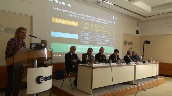 In June,  Simonetta Cheli, ESA director of Earth Observation and ESRIN facility chief; Roberto Formaro, ASI; Lt. Gen. Angelo Gervasio, director of Teledife; Massimo Comparini, CEO of Thales Alenia Space Italia; Luigi Pasquali, CEO of Telespazio; Giovanni Sylos Labini, president of the Osiris Consortium; and Brig. Gen. Danilo Morando, deputy chief of the 2nd Department of General Staff, hold a panel discussion during the June chapter-organized conference on Earth Observation. 