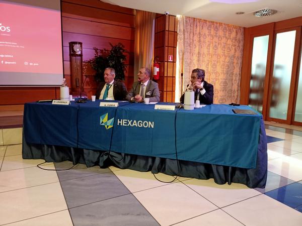 Members of Hexagon’s Safety, Infrastructure & Geospatial Division, Domingos Lourenco, Giovanni Fumia and Vincent Rifici, speak at the November 2022 event.