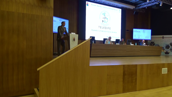 Maj. Giuseppe Amodio, Teledife Directorate, joins Lt. Gen. Antonio Tangorra, ITAF (Ret.), chapter president; Lt. Gen. Angelo Gervasio, general manager of Teledife Directorate; and Brig. Gen. Aldo Giannatiempo (Ret.), on stage at the July event.