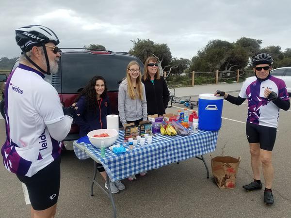 Riders enjoy snacks at the first of two replenishment stations along the California coastline during the Cycle for STEM ride in May.