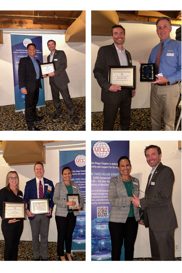 Chapter awards nominees and winners Jonas Lazo, chapter deputy vice president for marketing and communications; Matt Beekman, chapter president; Peter Gamerdinger, Awards Committee chair; Emily Gwozdz, chapter vice president for membership; Tim Miller, chapter treasurer; and Ana Olson, chapter executive vice president, pose for photos at the November event.