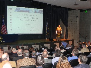 At the chapter's event in April, Capt. Joseph Beel, USN, SSC Pacific commanding officer, addresses the crowd on information dominance.