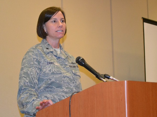 Brig. Gen. Sarah Zabel, USAF, director, command, control, communications and cyber systems (TCJ-6), and chief information officer, U.S. Transportation Command (TRANSCOM), delivers the keynote speech to members of a combined February monthly luncheon of the chapter and the National Defense Transportation Association highlighting changes within the TCJ-6 directorate supporting TRANSCOM's worldwide mission.