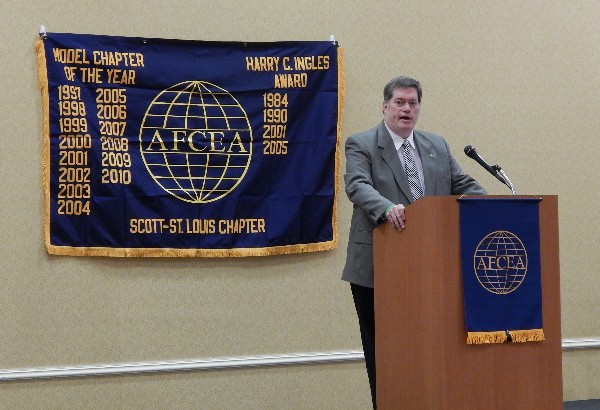 Zane Scott, vice president of professional services, Vitech Corporation, addresses the chapter during a monthly luncheon in March. Scott's remarks featured the advantages of using a model-based systems engineering methodology for organizational improvement and its application to STEM and public policy.
