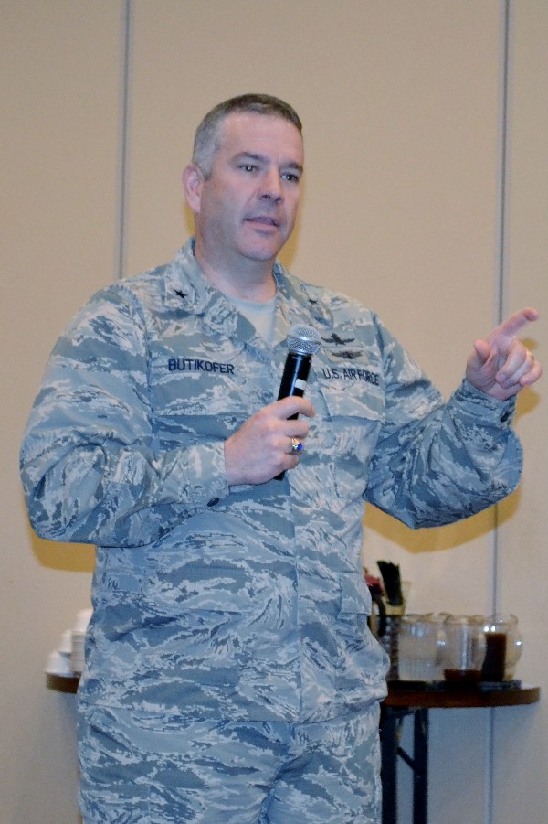 Brig. Gen. Mitch Butikofer, USAF, director, command, control, communications and cyber (C4) systems, U.S. Transportation Command, and chief information officer, addresses the April luncheon on the challenges of transformation in the J-6 directorate.  
