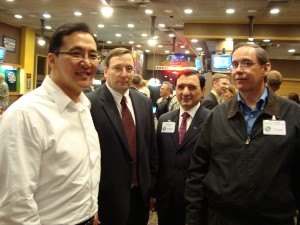 Attendees at the chapter-sponsored April event, the Korea LandWarNet training conference icebreaker, included (l-r): David Kwon, Dell Federal; Michael A. Brown, deputy regional chief information officer (RCIO-K), Korea Region Office; Trini F. Capelo, division chief, installation infrastructure and information assurance division chief, RCIO-K; and Michael Bomba, Network Enterprise Technology Command Enterprise Systems Technology Acitivity.

