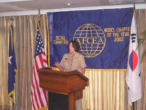 Seoul-Nov06#1Vice Adm. Nancy E. Brown,USN, director for command, control, communications and computer (C4) systems/J-6,  the Joint Staff, speaks at the Seoul Chapter luncheon in November.
