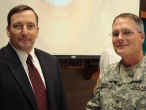 Brown (l) and Col. Brian P. Moore, commander, 1st signal brigade, NETCOM/9th Signal Corps (Army), attended the Korea LandWarNet training conference icebreaker, which was held in Seoul in April.
