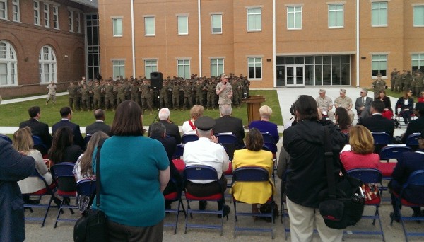 Gen. Richard Mills, USMC, commander, Marine Corps Forces Reserve, briefs the crowd during the New Orleans Military and Maritime Academy building dedication in March.