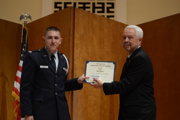 Regional Vice President Bob Landgraf (r) presents the AFCEA ROTC Honor Award at a May ceremony to Cadet Andrew Griffitts from San Jose State University's Air Force ROTC Detachment 045.