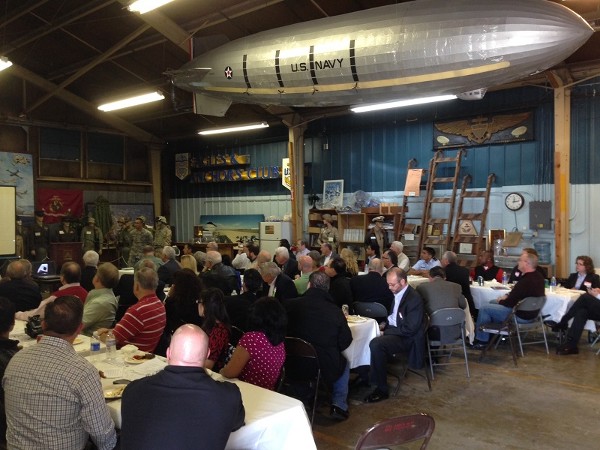 The chapter holds it February luncheon in the Moffett Field Historical Society Museums banquet room. Seventy-one members/guests listen as Lt. Bersamina talks about the mission and history of the 129th Rescue Wing.