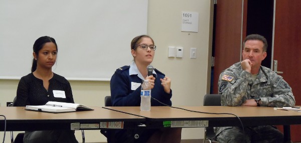 During the chapter's social media discussion in November, panel members (l-r) Reema Prasad, Cisco Systems; 2nd Lt. Margaret Keely, USAF, Air Force ROTC Detachment 045; and Col. Charles Jenks, USA, 351st Civil Affairs Command, answered a variety of questions from the audience and provided their perspective on personal and professional social media use.
