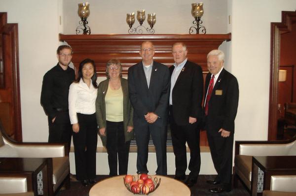 (from l-r) Noah Feingold, chapter vice president of Young AFCEANs; Jeannette Bernardo, chapter secretary/treasurer; Joy Montgomery, vice president of scholarships; Glenn Kesselman, chapter president; Gen. Shea; and Bob Landgraf, regional vice president, pause for a photo at the March meeting.