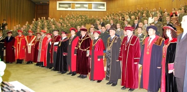 In October, attendees gather in the auditorium during the main ceremony celebrating 40 years of higher military education in the Liptov region. 