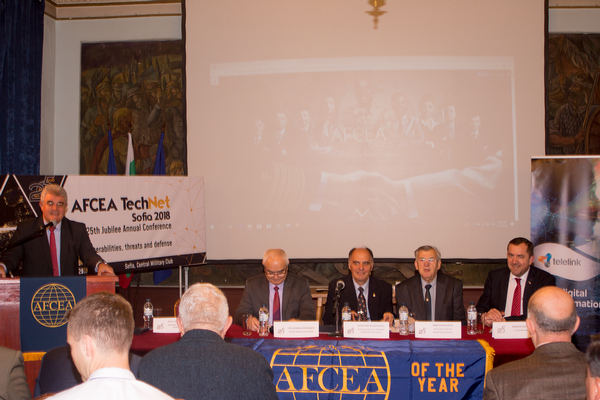 Opening the conference in December are (l-r) Professor Vesselin Tselkov, chairman of Organizing Committee; Atanas Zapryanov, deputy minister of defense; Konstantin Zografov, regional vice president, South East Europe; Simeon Kralikov, chapter president; and Ognyan Zlatev, EU representative for Bulgaria.