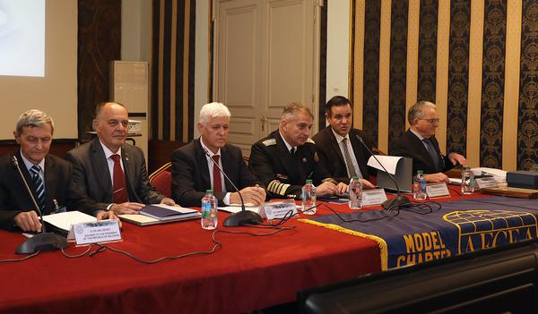 (l-r) Iliya Milushev, adviser to president of Bulgaria; Konstantin Zografov, regional vice president for South Eastern Europe; H.E. Dimitar Stoyanov, Minister of Defence; Adm. Emil Eftimov, chief of defence, H.E. Nikola Stoyanov, Minister of Economy and Industry; and Maj. Gen. Erich Staudacher, general manager for AFCEA Europe, attend the November conference.