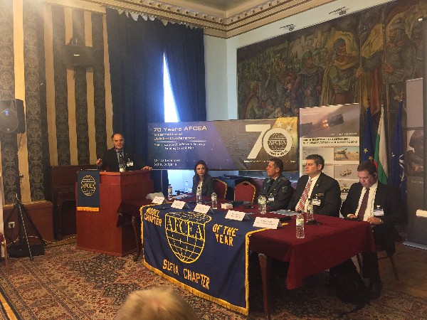 Panelists for the Bulgarian air force modernization session at the December event include (l-r) Zografov; Krassimira Stoyanova, SAAB Gripen; Brig. Gen. Petyo Mirchev, deputy commander of the Bulgarian air force; Gregg Brough, Lockheed Martin; and Netta Kerem, Israel Aerospace Industry.