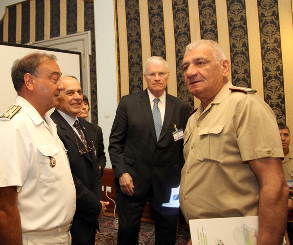 Attending the conference in September are (l-r) Capt. Yancislav Yanakiev, director of Defense Advanced Research Institute;  Zografov; Alan Sheffer, director, NATO Science and Technology Organization; and Lt. Gen. Andrey Botsev, Bulgarian chief of defense.