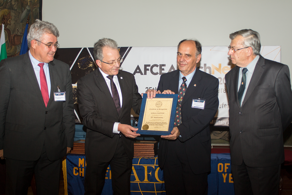 Maj. Gen. Erich Schaudacher, GEAF (Ret.), general manager, AFCEA Europe (second from l), presents a Certificate of Recognition to the Sofia Chapter along with (l-r) Tselkov, Zografov and Kralikov.