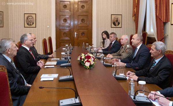 In November, AFCEA Europe and chapter members visit the president of the Republic of Bulgaria. Radev (middle r) sits with his advisers: Lt. Gen. Lyubcho Todorov, Iliya Milushev and Stefan Godjevargov.
