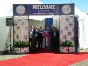 Chapter members and city officials cut the ribbon at the C4IST Exhibition's opening ceremony in October. From l-r are Tom Reardon, city council member, Sierra Vista, Arizona; Tim Bee, president, Arizona State Senate; Richard Besselman, chapter president; Sgt. Maj. Douglas Sandstrom, USA, garrison commander, Fort Huachuca; Rick Mueller, mayor pro tem, Sierra Vista; and Shay Saucedo, representative for Congresswoman Gabrielle Giffords.