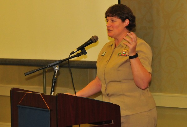 Cmdr. Marcia Ziemba, USN, executive officer of Space and Naval Warfare Systems Center Atlantic, addresses the membership at the January luncheon.