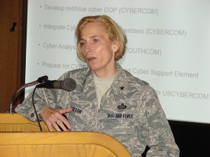 Brig. Gen. VeraLinn Jamieson, USAF, director, intelligence, U.S. Southern Command (SOUTHCOM), discusses cyber initiatives at the chapter's November luncheon.