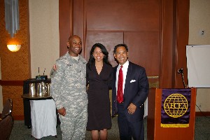 Col. Newman (l) honors scholarship recipient Maria Quintanilla, joined by Amaba at the May luncheon.