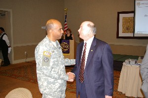 Gen. Bivens greets Bill Hall, General Dynamics, after his presentation at the June chapter luncheon.