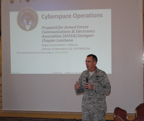 Maj. Gen. Brett T. Williams, USAF, director of operations, J-3, U.S. Cyber Command, discusses cyberspace operations at the December luncheon.