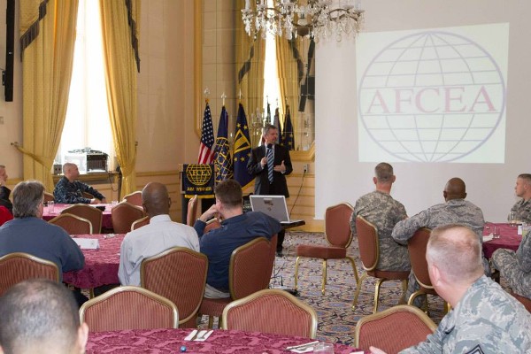 Michael C. Ryan, director, Interagency Partnering, Headquarters U.S. European Command, speaks at the chapter's March luncheon.