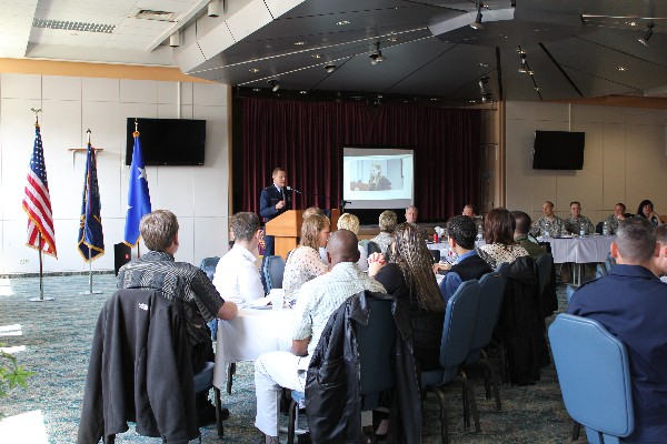 Maj. Gen. Robert Wheeler, USAF, deputy chief information officer, secretary of defense staff, speaks at the chapter's May luncheon prior to the awards ceremony. He discussed what he considers the keys to success: passion, persistence and performance.