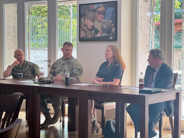 In September, moderator of the panel, Chief Warrant Officer 3 Benjamin Yancovich from U.S. Marine Corps Forces Europe/Africa G6, looks on as panelists (l-r) Col. Jesse Phillips, USA, J6, U.S. Africa Command; Emily Jordan, branch chief, IT Resource Management, European Command, J68; and Matt Wloczewski, vice president, GDIT, discuss what hiring managers look for in resumes.