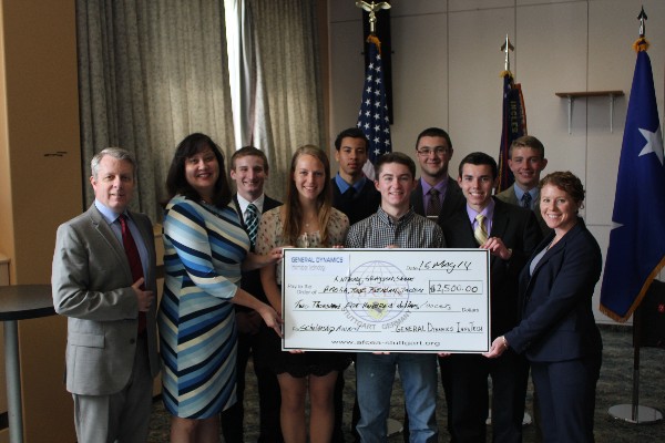 One of the chapter's Platinum Sponsors, GDIT, contributes $2,500 to the scholarship competition. Tara King and Wendy Manning present the awardees with the check on behalf of GDIT in May.