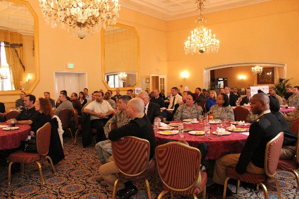 Attendees at the January luncheon listen attentively as Gen. Basla discusses challenges of cyberspace and the requirement for innovation to best utilize resources, address challenges and facilitate future successes.