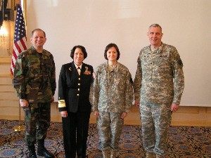 Gathering for the February guest presentation are (l-r): Brig. Gen. Thomas Verbeck (far left), Director of Command, Control, Communications and Warfighting Integration, Headquarters, U.S. European Command; Vice Admiral Nancy Elizabeth Brown (2nd to the left), Director for C4 Systems (J6) The Joint Staff; MG Marilyn Quagliotti, Vice Director of DISA (2nd from right) and COL Mike Curry (far right), Commander of DISA-Europe and President of the Stuttgart Chapter were among those present at the 2007 AFCEA luncheon in February.  
