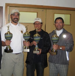 In September, Rob Maldonado (l), Katalina Liliu (c) and Oswald Dioses accept their awards as the golf tournament and fundraiser's winning team. 