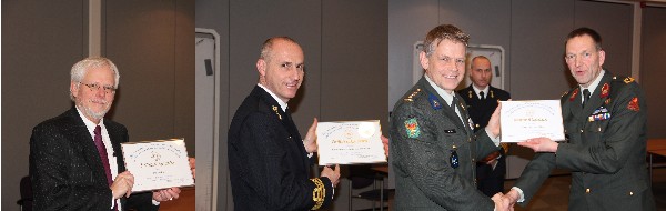 (l-r) Joe Ross, deputy JISR chief and senior JISR adviser and architect, NCIA, Kltz Bert Boom, Kol Hans van Dalen and Bgen Bert Booman, chapter president, with their documents of appreciation at the January luncheon.