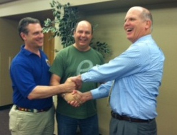 TIDEWATER—In July, Chapter President Ken Hirlinger (r) presents $2,000 to math and science teachers Lee Fahringer (c) and Scott Emry of Summit Christian Academy in Hampton, Virginia. Summit is one of the four target schools the chapter sponsors to further science, technology, engineering and math (STEM) initiatives and promote student interest in seeking college and career choices in STEM. The funds will support the science fair and equipment to develop a robotics program. 