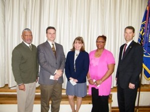 In February, Marion (l) and Will Allen (r), chapter board member, present Science, Math and Technology Teaching Tools awards to Scott Emry (2nd from l), Renee Raspanti (c) and Tysha Sanford.
