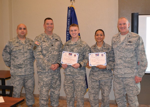 In January, the chapter presents its Armed Forces Leadership In Technology Award scholarships to local University of Arizona ROTC Cadets. (l-r) Tech. Sgt. Jeff Cooper, USAF, chapter vice president, academic affairs; Army ROTC Detachment Commander Lt. Col. Dale Barnett, USAF; Cadet Ian Buterbaugh; Cadet Krystal Price; and Air Force ROTC Detachment Commander Col. Brian Donahoo, USAF.